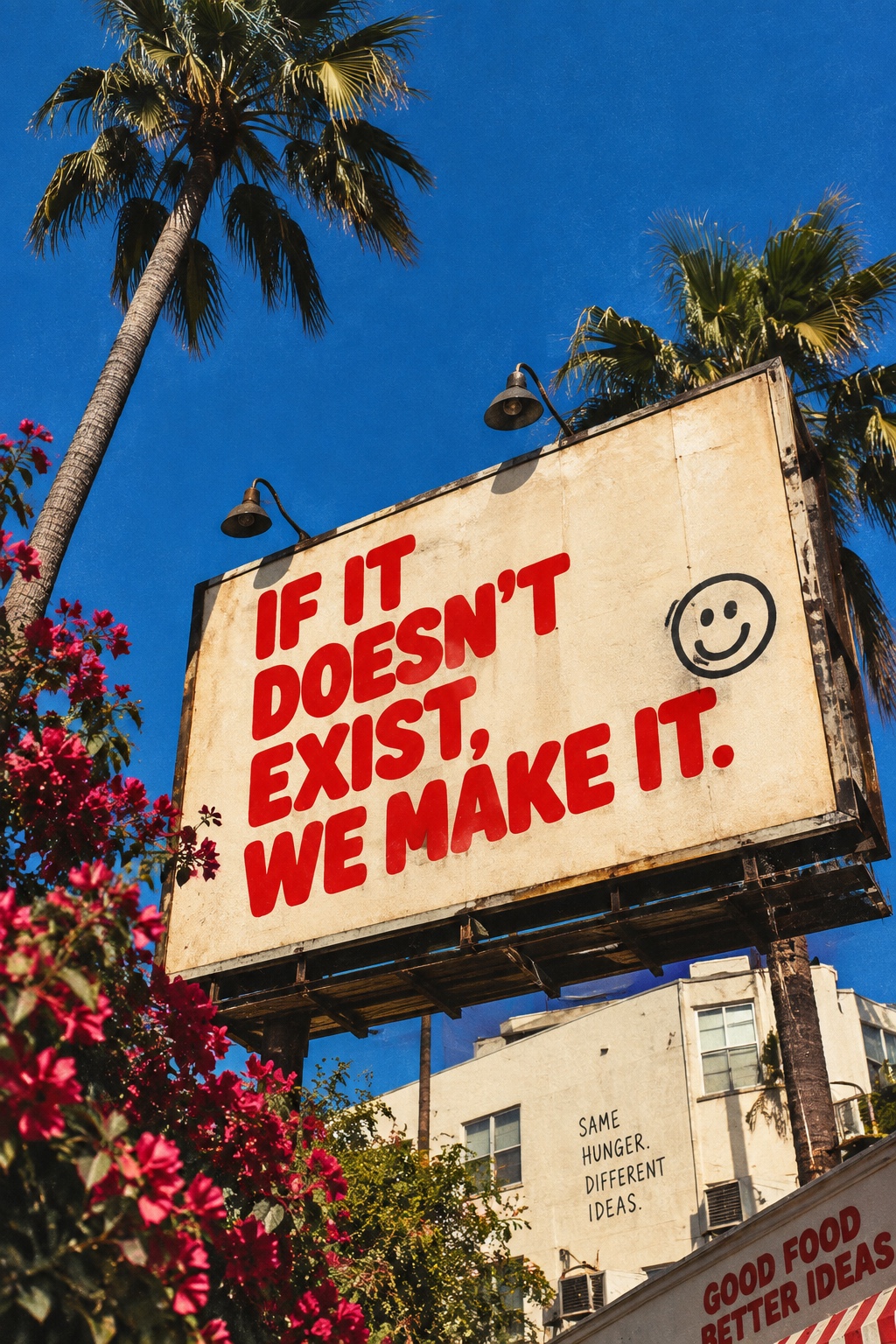 Valla entre palmeras con el texto If it doesn’t exist we make it